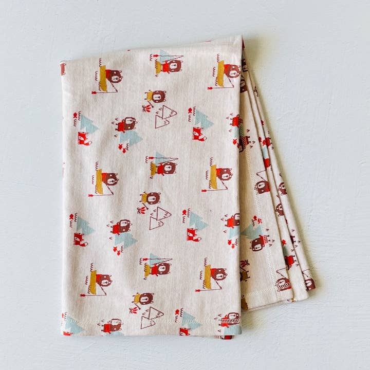 Manta de bebé de punto jacquard de oso y zorro de camping (orgánica) para venta al por mayor de Viverano Organics