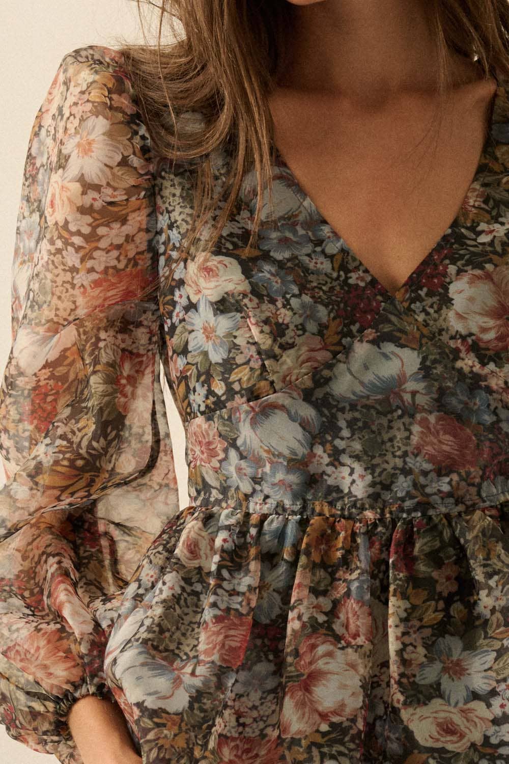 BLACK Floral-Print Organza Puff-Sleeve Peplum Top for wholesale on Faire7