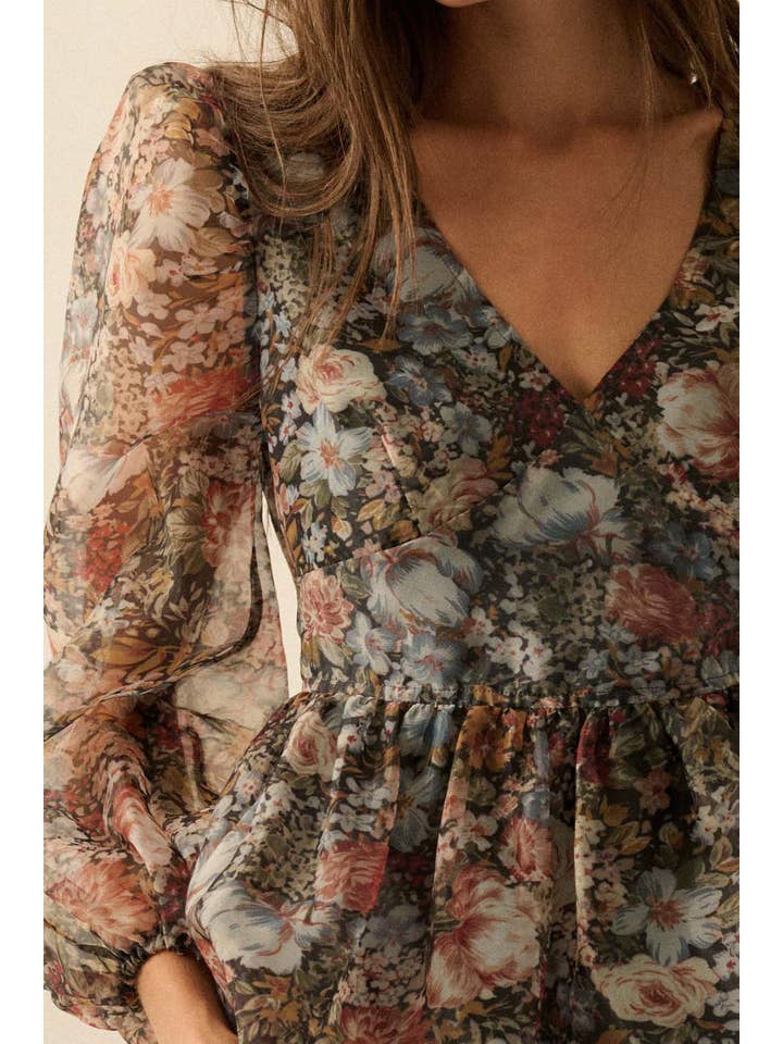 BLACK Floral-Print Organza Puff-Sleeve Peplum Top for wholesale on Faire7