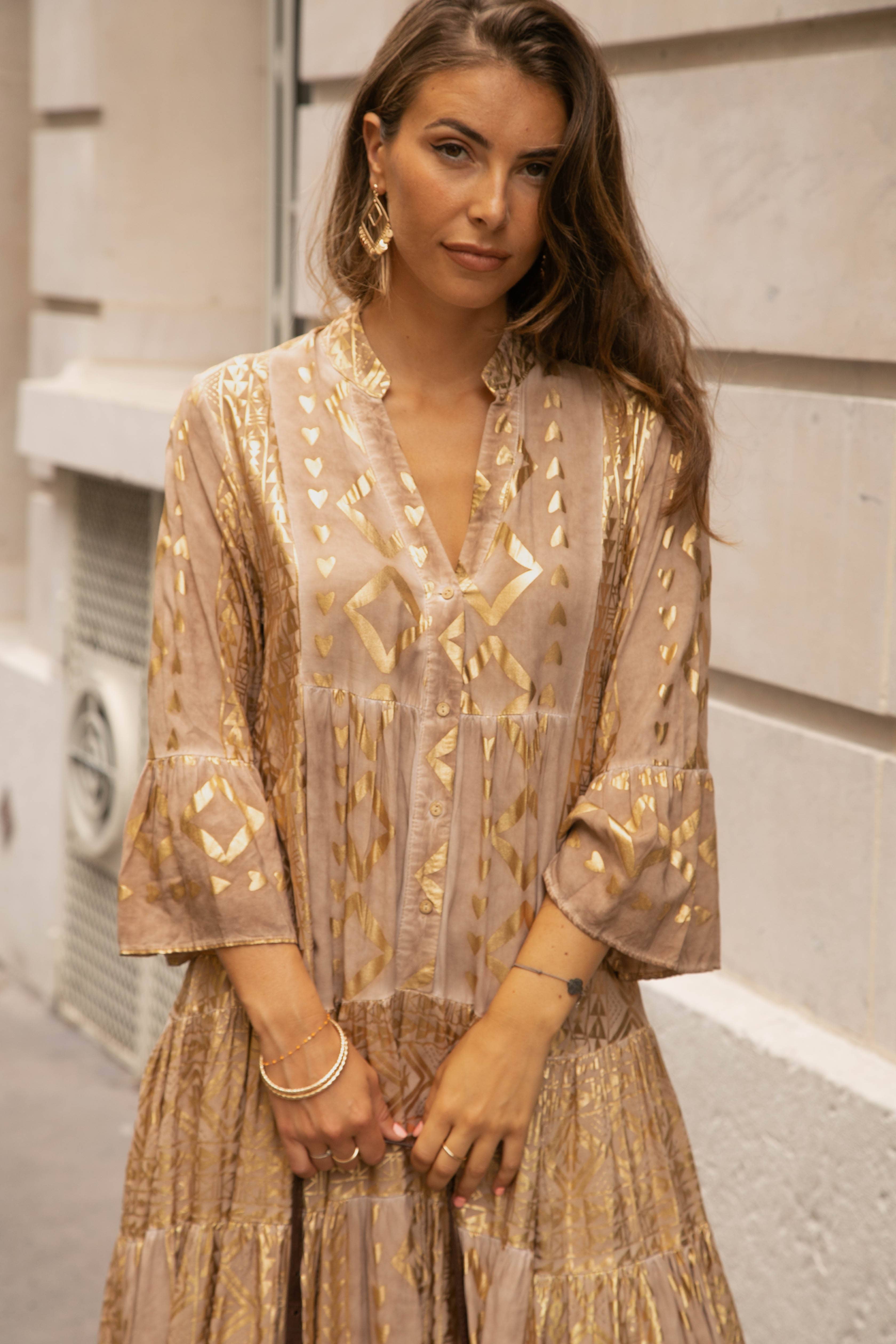 V-neck flared dress with gold print for wholesale on Faire