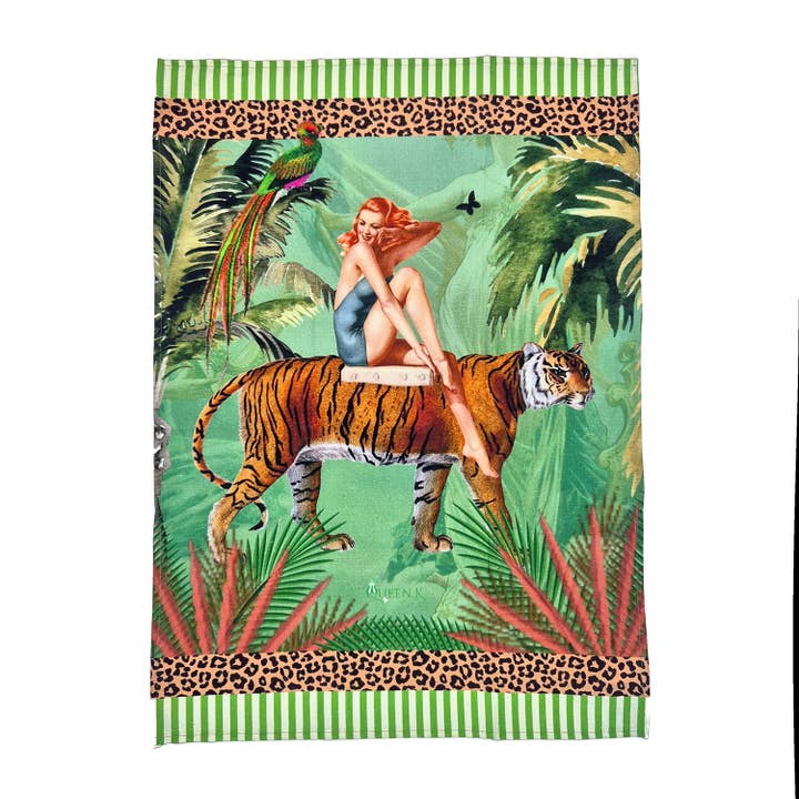 Jungle Walk Green Wild Retro Glamour 100% Linen Tea Towel for wholesale by Queen K