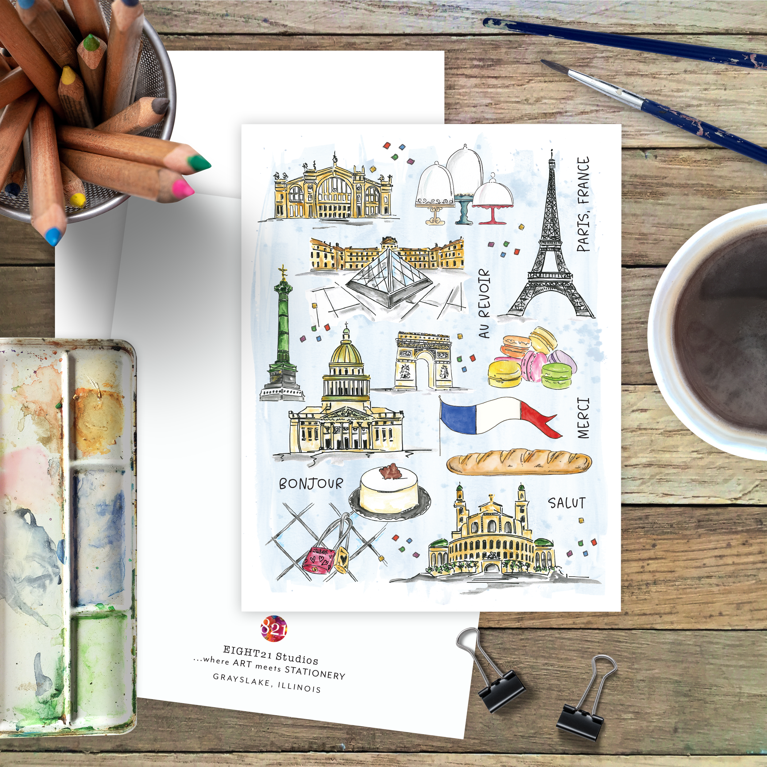 Eight21 Studios + Unique Greeting Cards, Art and Stationery - Wholesale Everyday Greeting Card - Paris Theme French Card, Parisian Travel Lover, Eiffel Tower1