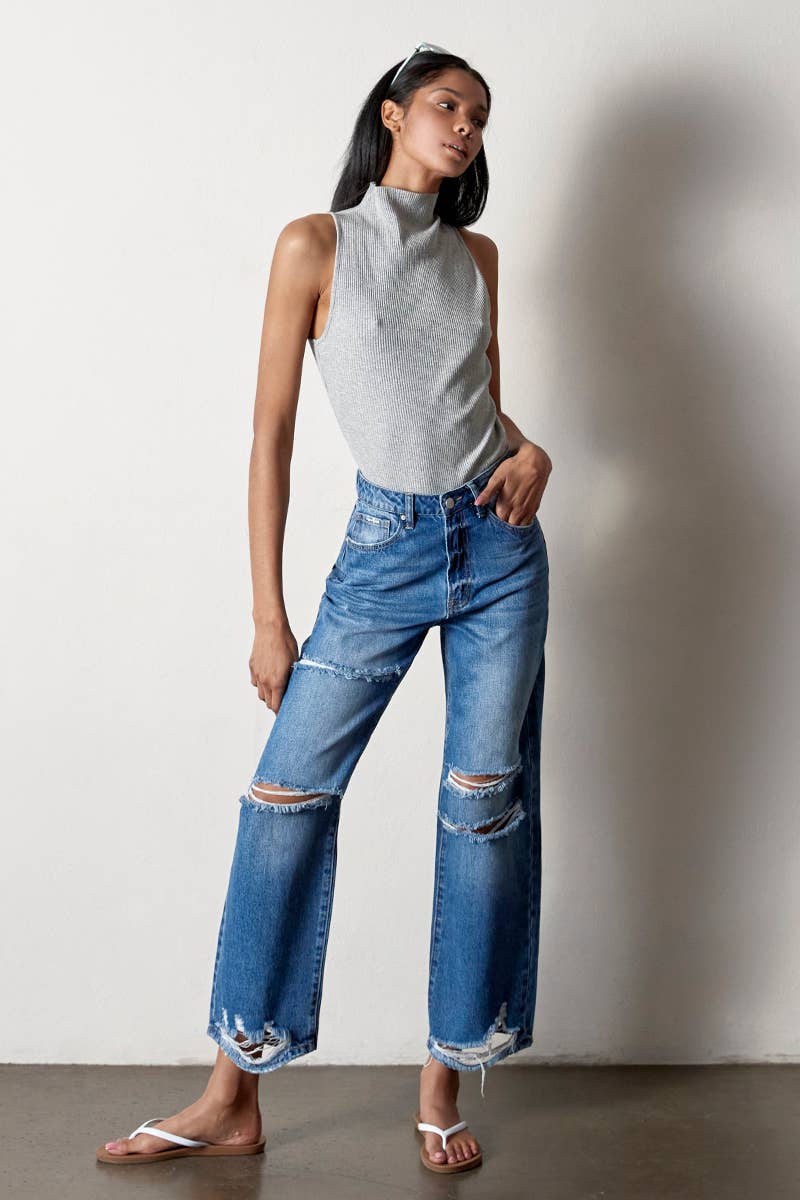 AGED DARK High Rise Destructed Straight Jeans for wholesale on Faire