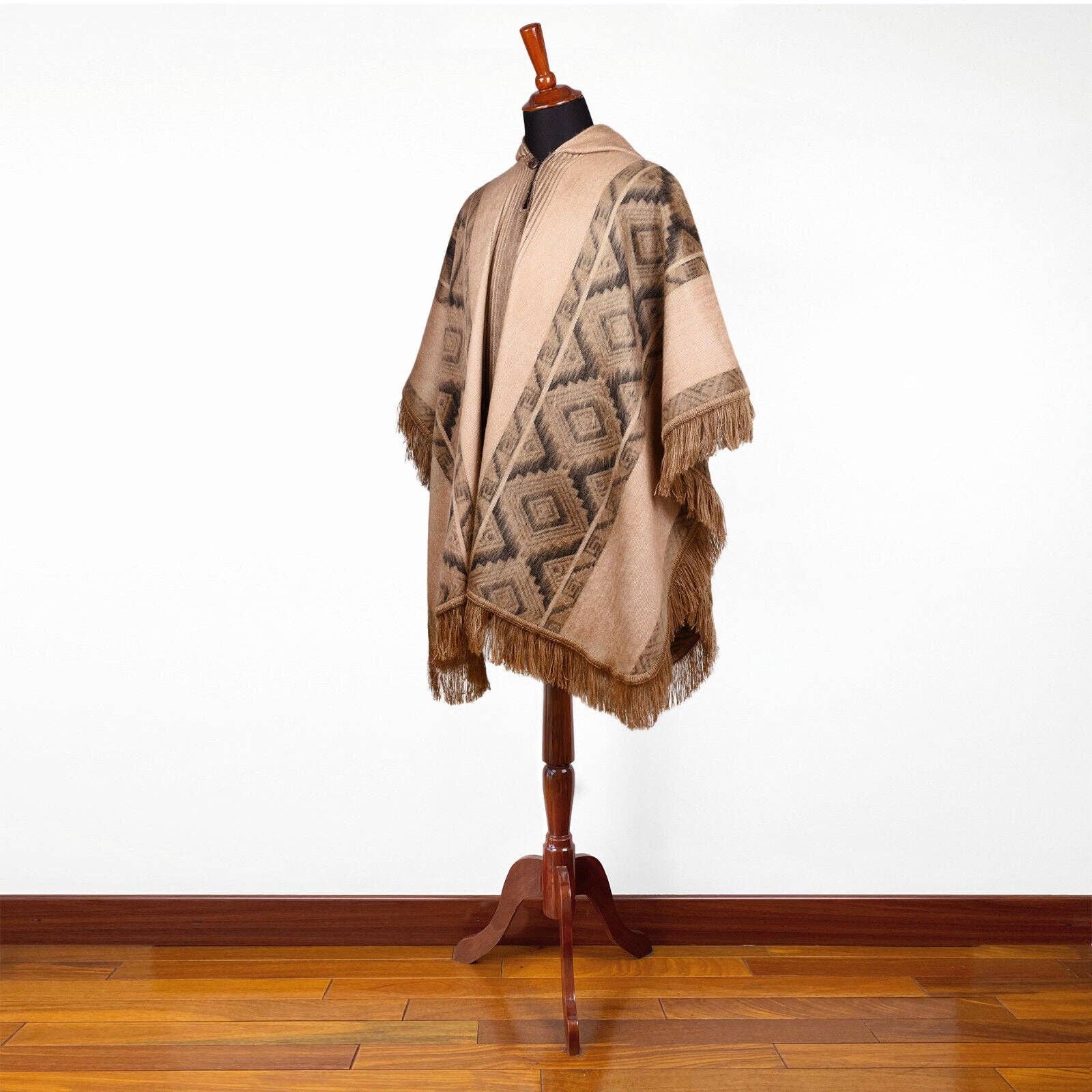 ECUALAMA – wholesale Poncho – Women's – Conambo - Lightweight Baby Alpaca Fringed Hooded Poncho - Taupe & Charcoal - Unisex7