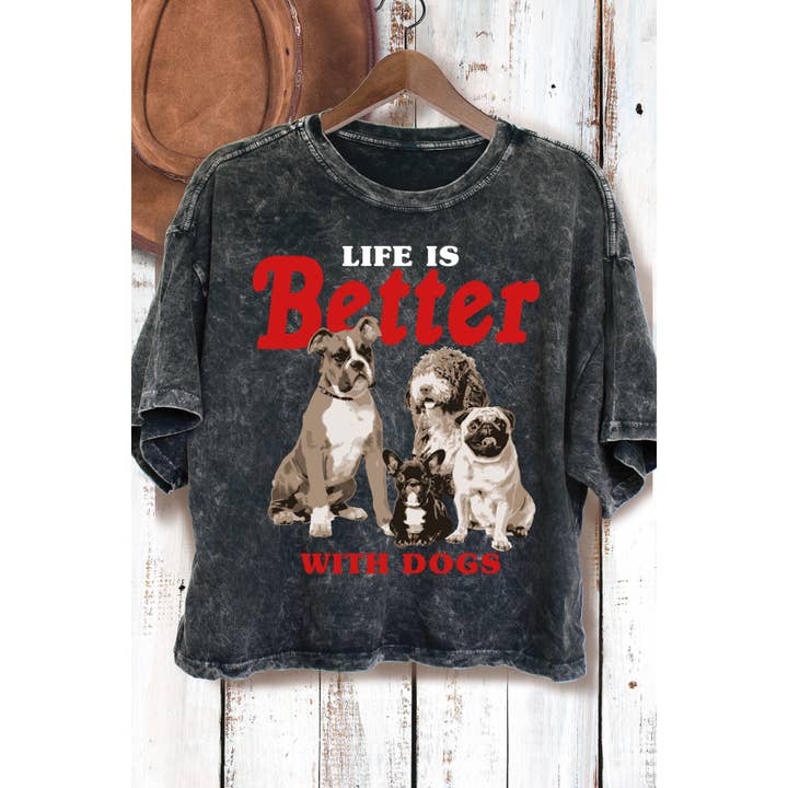 Amused by Blue - Wholesale T-Shirt (Graphic) - Women's - Life is Better with Dogs Mineral Wash Crop Top1