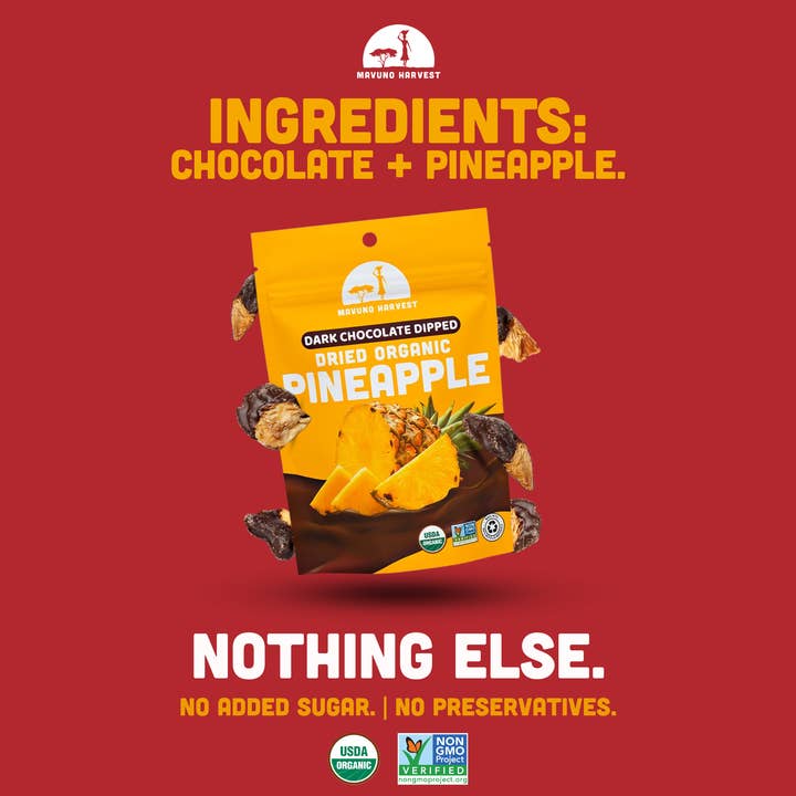 Mavuno Harvest Organics - Wholesale Dried/Dehydrated Fruit - Organic Dark Chocolate Dipped Dried Pineapple, 6-pack case2