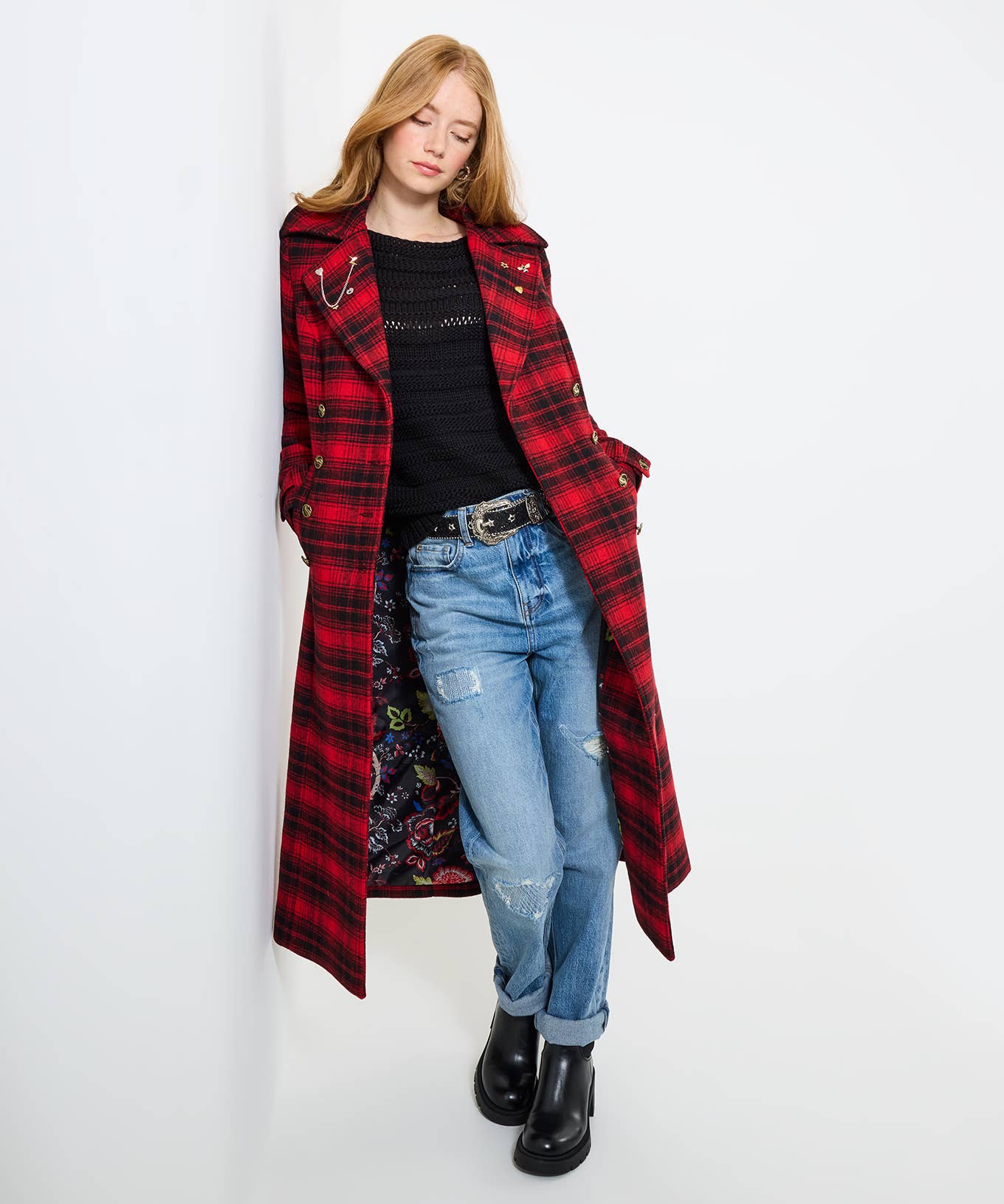 Red Suzi Check Maxi Coat for wholesale on Faire0