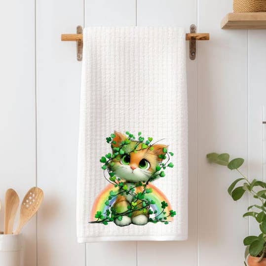 St Patrick’s Day Cat Kitchen Towel | Lucky Shamrock Kitten with Rainbow | Cute Irish Cat Tea Towel | Spring Decor for wholesale by Uniquely Designed By Rebecca
