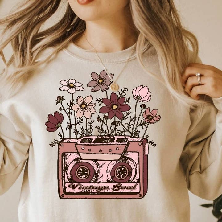Vintage Soul Pink Cassette With Flowers Crew Sweatshirt for wholesale by Peach Closet