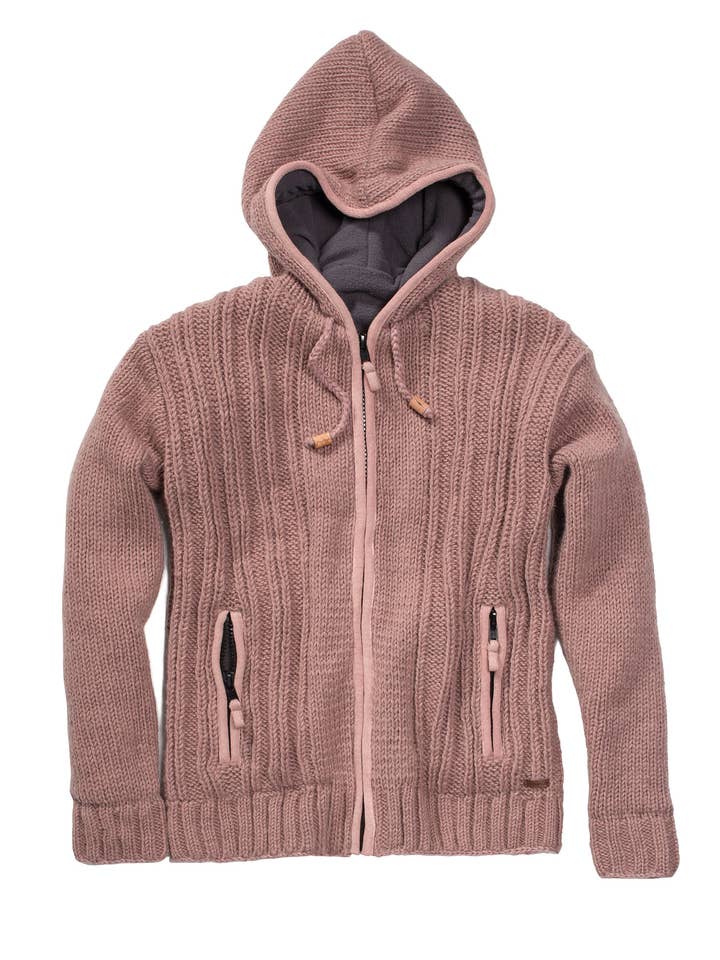 Rib Knit Zipped Hooded Jacket, Vintage Rose for wholesale by Namaste