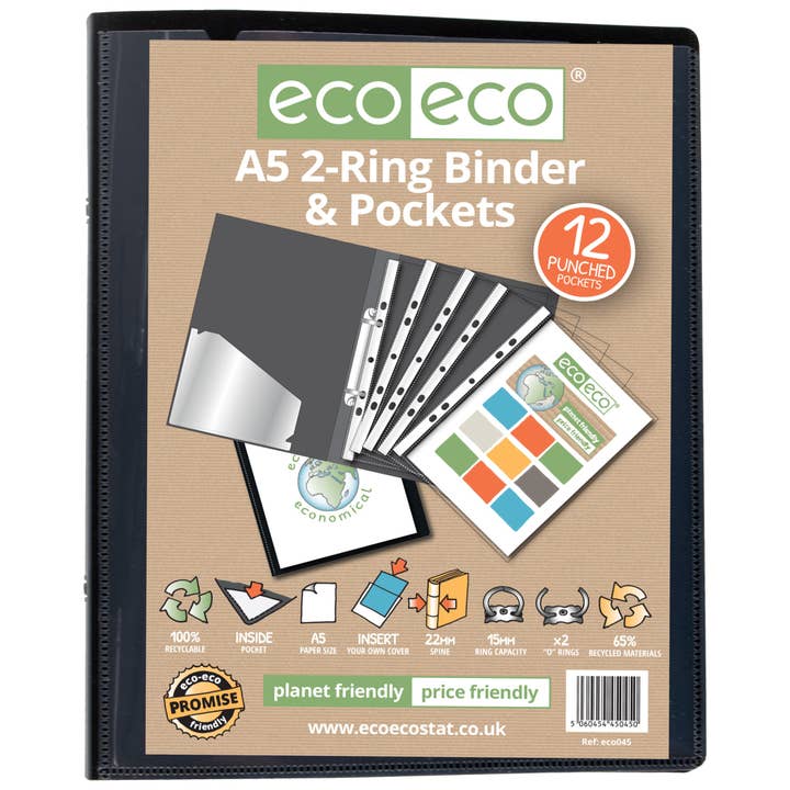 A5 65% recycelter 2-Ring-Ordner mit 12 gelochten Taschen für den Großhandel von eco-eco Stationery Ltd