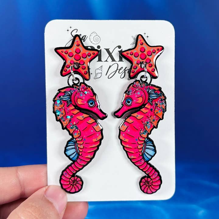Glitter Seahorse Dangle Earrings, Coastal & Lightweight for wholesale by Sea Pixie Designs