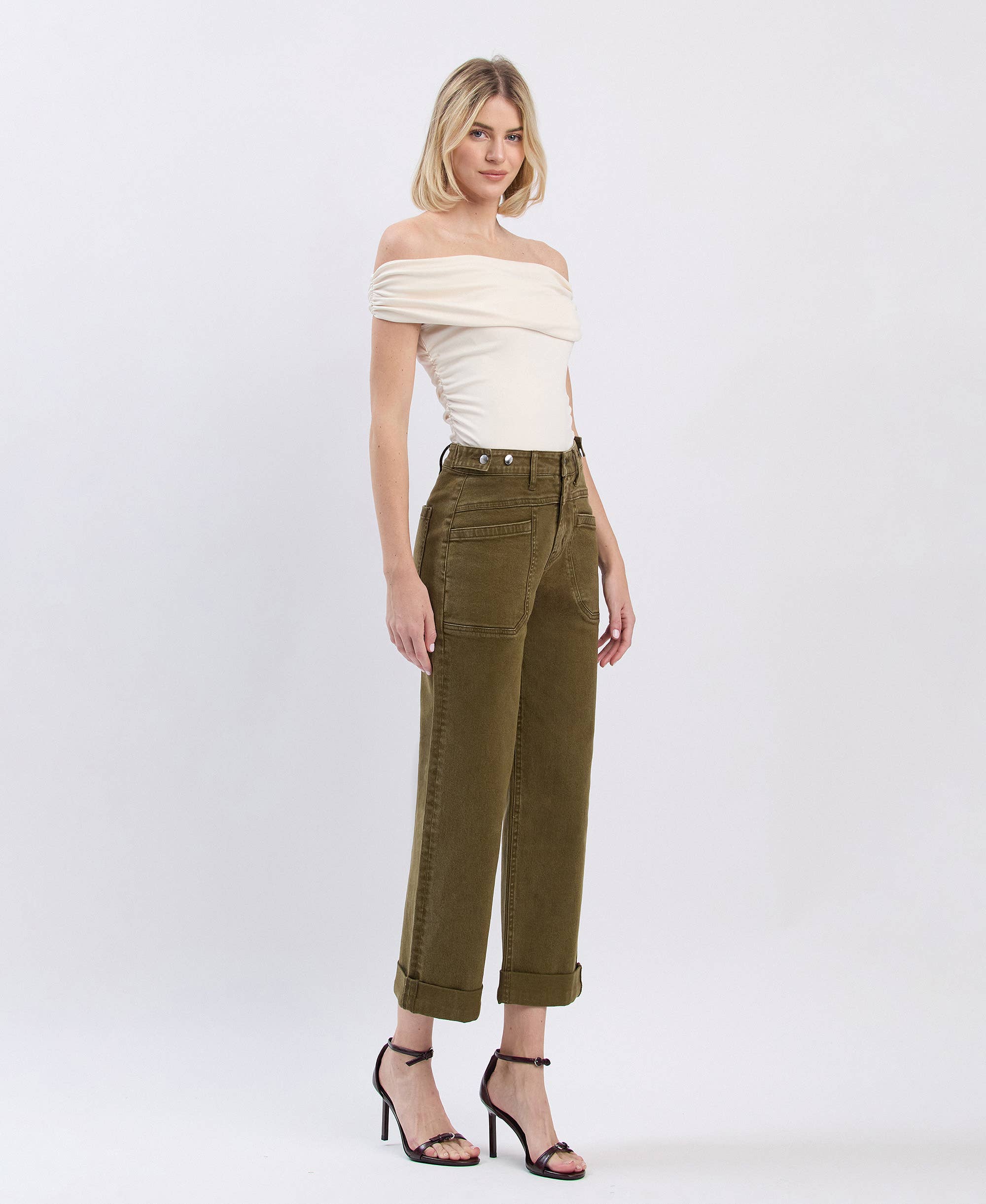 DARK OLIVE HIGH RISE TAB WAISTBAND CUFFED SLIM WIDE JEANS F5920DOL for wholesale on Faire8