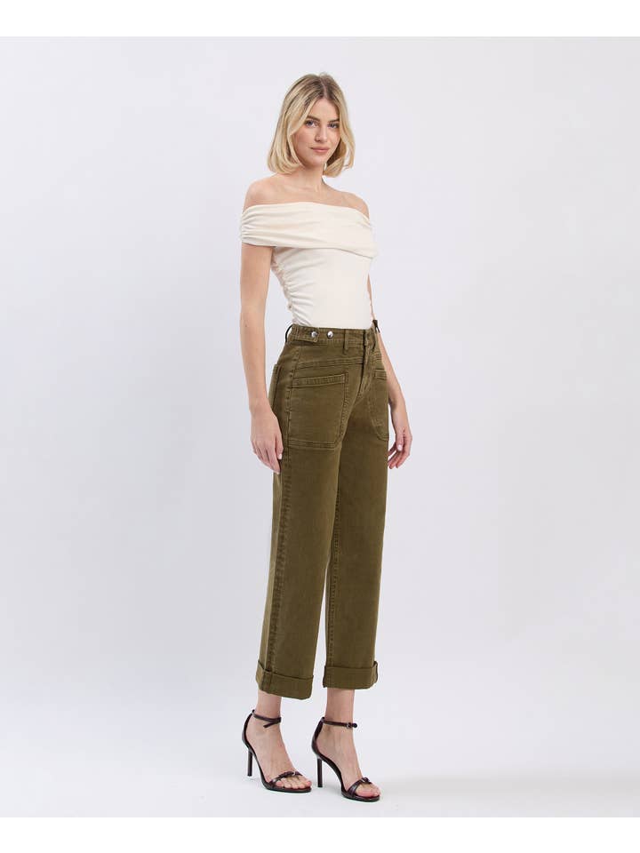 DARK OLIVE HIGH RISE TAB WAISTBAND CUFFED SLIM WIDE JEANS F5920DOL for wholesale on Faire8
