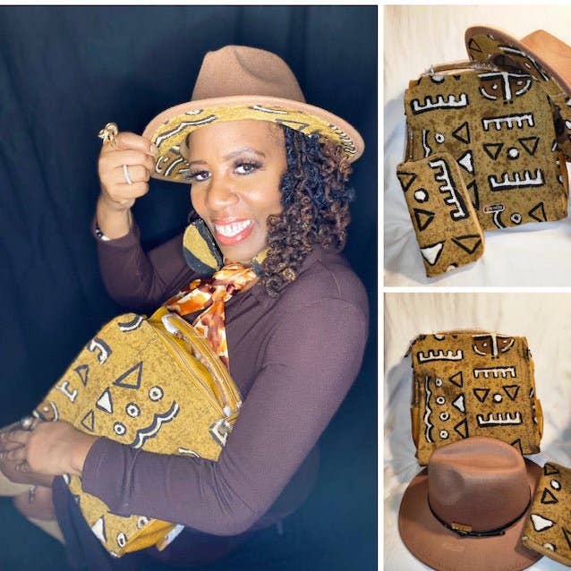 Mudcloth Caramel Backpack With Fedora Hat & Matching Wallet for wholesale by NPO Creations