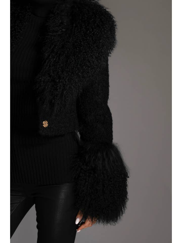 Nuvula - Wholesale Fur/Faux Fur Coat - Women's - Black Cropped Mongolian Shearling Coat 2