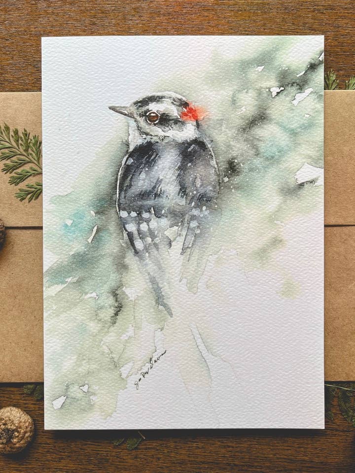 Downy Woodpecker watercolor A7 greeting card for wholesale by The Painter’s Nest