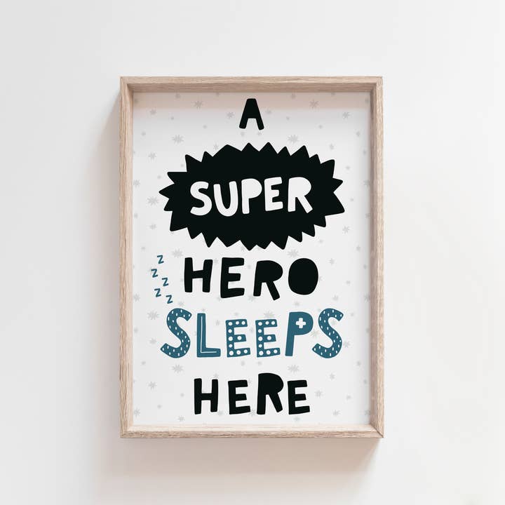A Superhero Sleeps Here Scandinavian Style Kids Art Print for wholesale by Pig and Bear