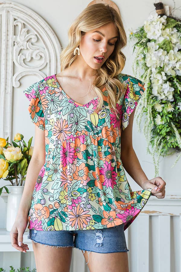 7th Ray - Vendita all'ingrosso Camicetta - Donna - Top a maniche svolazzanti con stampa floreale multicolore Baby Doll T51656