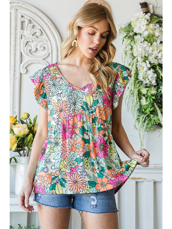 7th Ray - Vendita all'ingrosso Camicetta - Donna - Top a maniche svolazzanti con stampa floreale multicolore Baby Doll T51656