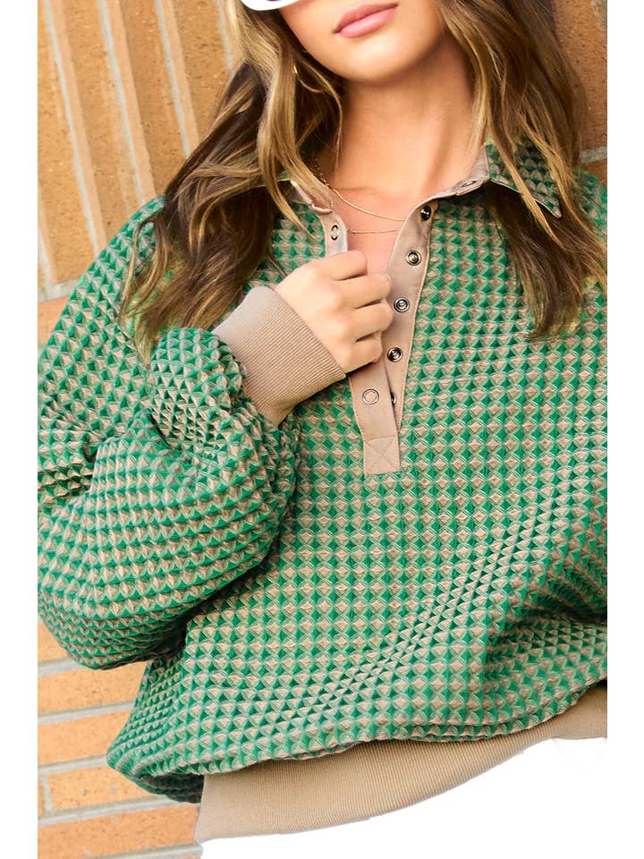 La Miel - Wholesale Sweatshirt - Women's - HCS3576-Unique Two Tone Textured Snap Button Front Top