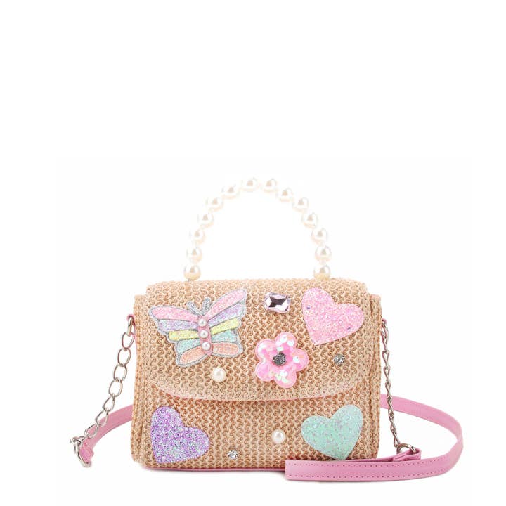 Butterfly Appliqué Straw Top Handle Mini Crossbody Bag for wholesale by OMG Accessories