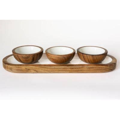 Collection Wood + White, 3 bols à tremper et plateau en bois d'acacia pour la vente par Jeanne Fitz