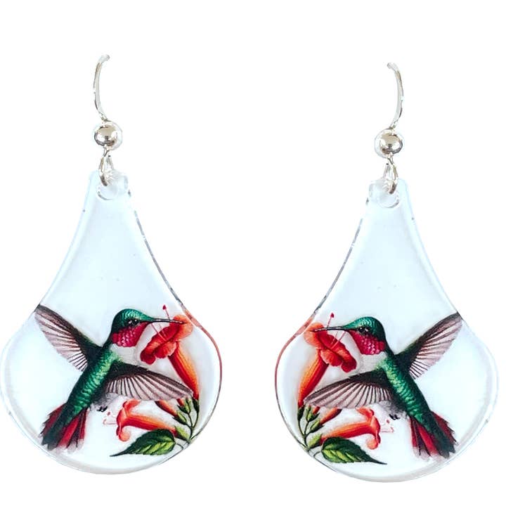 Boucles d'oreilles en acrylique colibri à gorge rubis, oreille en argent sterling pour la vente par d'ears inc.