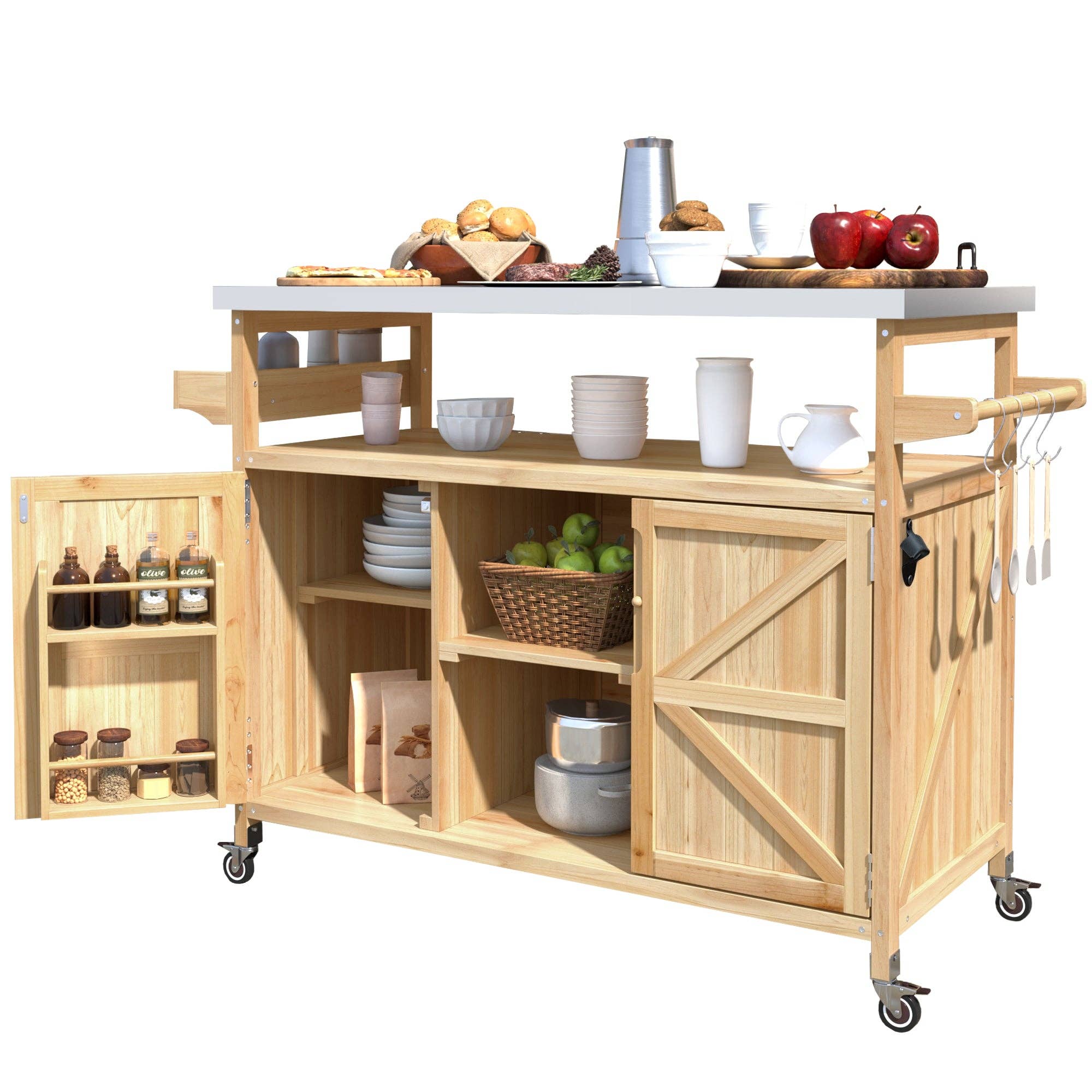Orange County Decor - Wholesale Outdoor Grill Tools - K&K Outdoor Kitchen Island, Rolling Bar Cart & Storage Cabinet, Farmhouse Solid Wood Outdoor Grill Table With Stainless Steel Top, Spice Racktowel Rack For Kitchen & Bbqnatural Natural Garden &10