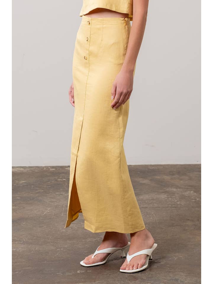 Moon River - Wholesale Skirt - Women's - FRONT BUTTON DETAIL LINEN MIDI SKIRT