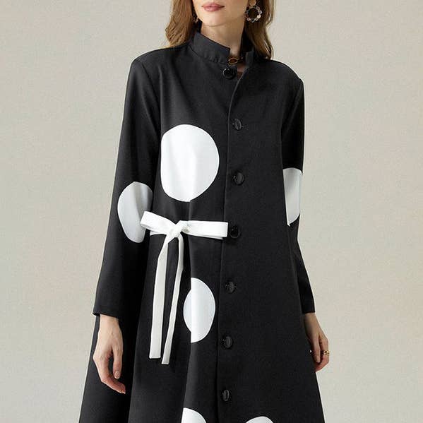 Asymmetric Polka-Dot Midi Dress with Buttoned Mock Neck and Long Sleeves for wholesale by FurDecoration