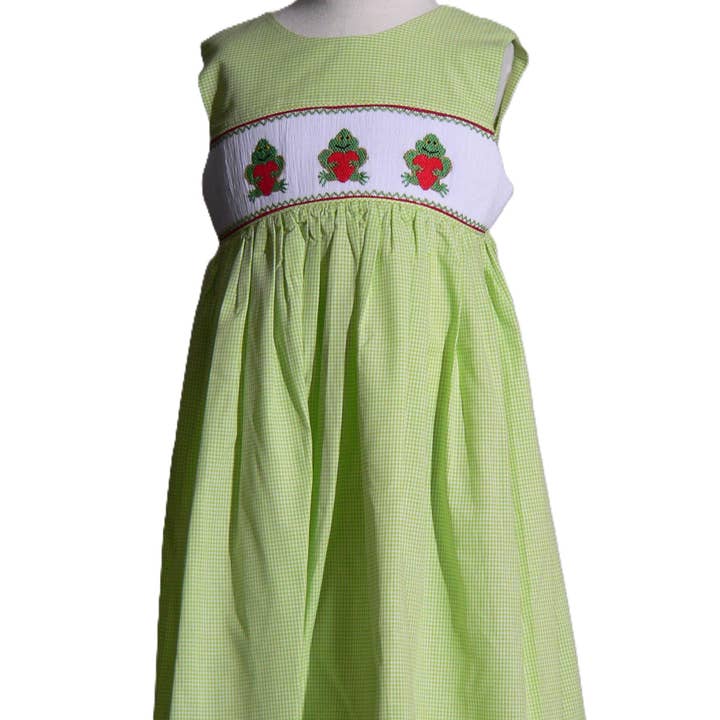 Green Frog with Heart Smocked Sleeveless Dress for wholesale by Hello Bebes!