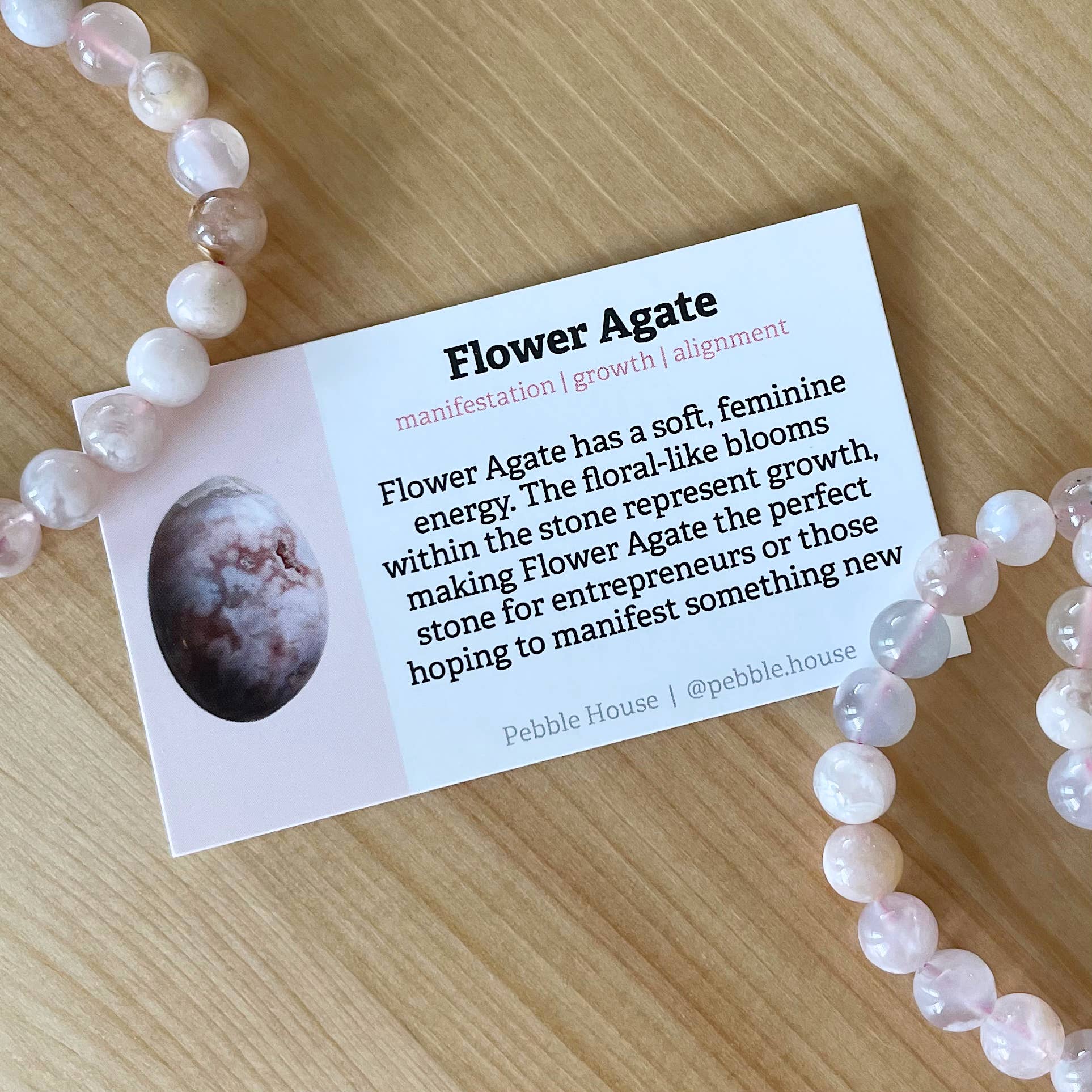 Pebble House - Wholesale Spiritual Stone/Crystal - Flower Agate - Crystal Info Card (50 pack)