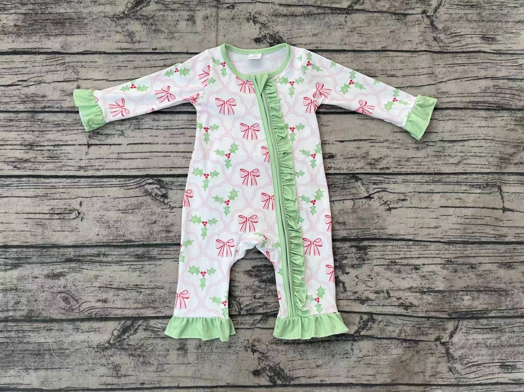 Aier Wholesale - Wholesale Jumpsuit - Baby - Baby Infant Girls Christmas Bows Holly Long Sleeve Zip Rompers3