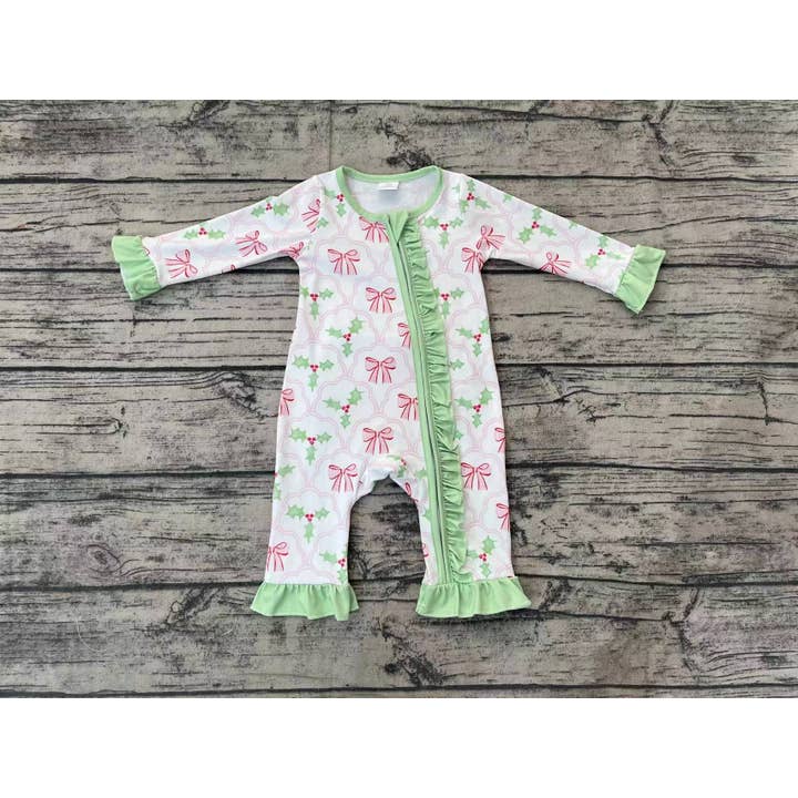 Aier Wholesale - Wholesale Jumpsuit - Baby - Baby Infant Girls Christmas Bows Holly Long Sleeve Zip Rompers3