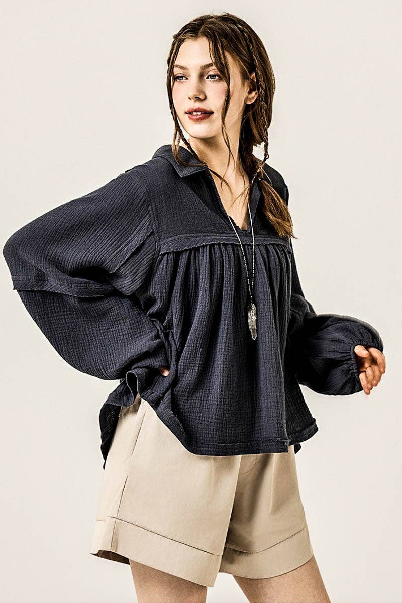 noflik - Wholesale Blouse - Women's - Plus  Bubble Slv Cotton gauze Babydoll Blouse- INT1070P_9