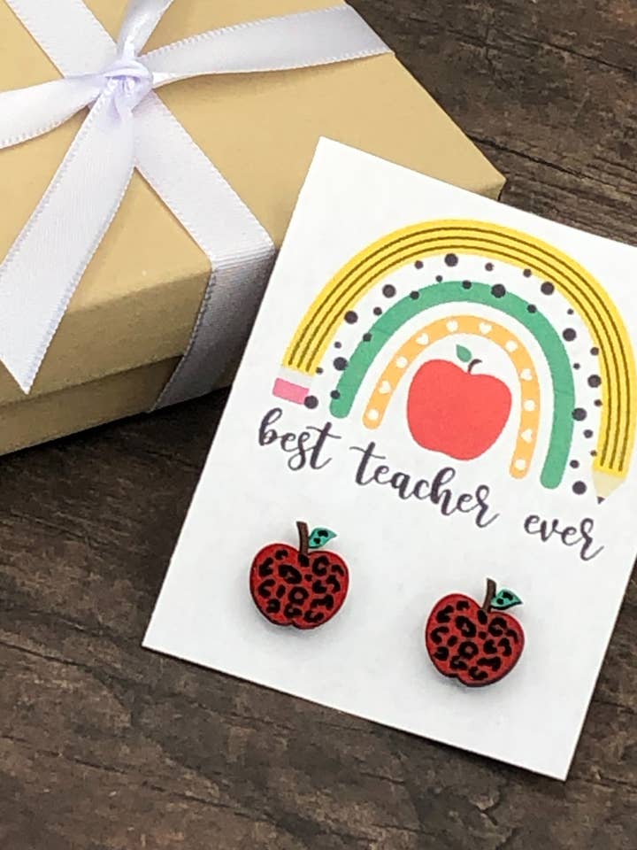 Best Teacher Ever - Leopard Wood Apple Earrings for wholesale by Carly Lou