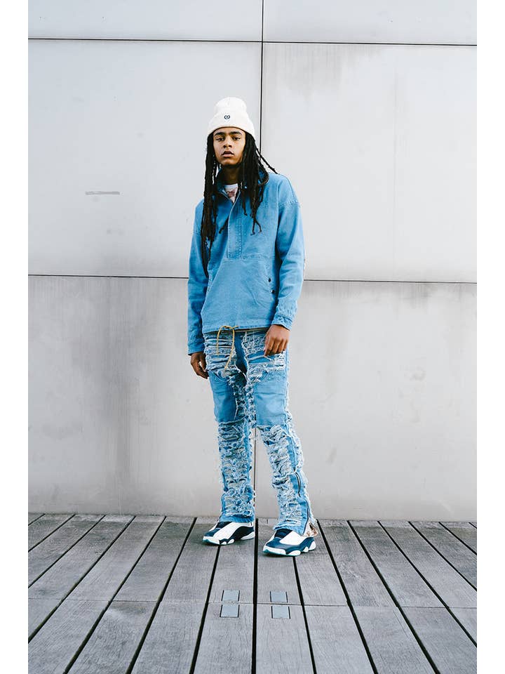 Denim Dawn Damaged Flared Stacked Jeans for wholesale on Faire8