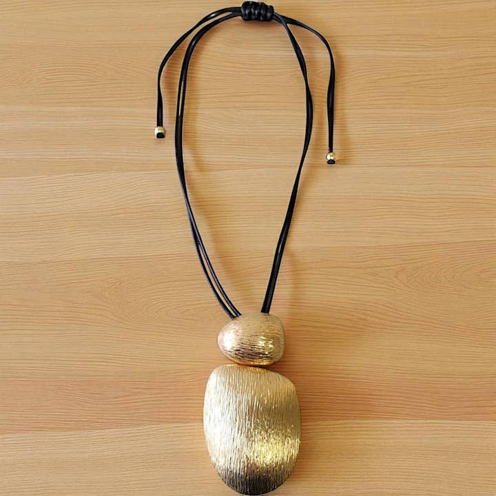 Bijoux Envie Statement Jewelry - Wholesale Pendant/Charm Necklace - Long Sculpted Gold Pendant Cord Necklace | Statement Jewelry3