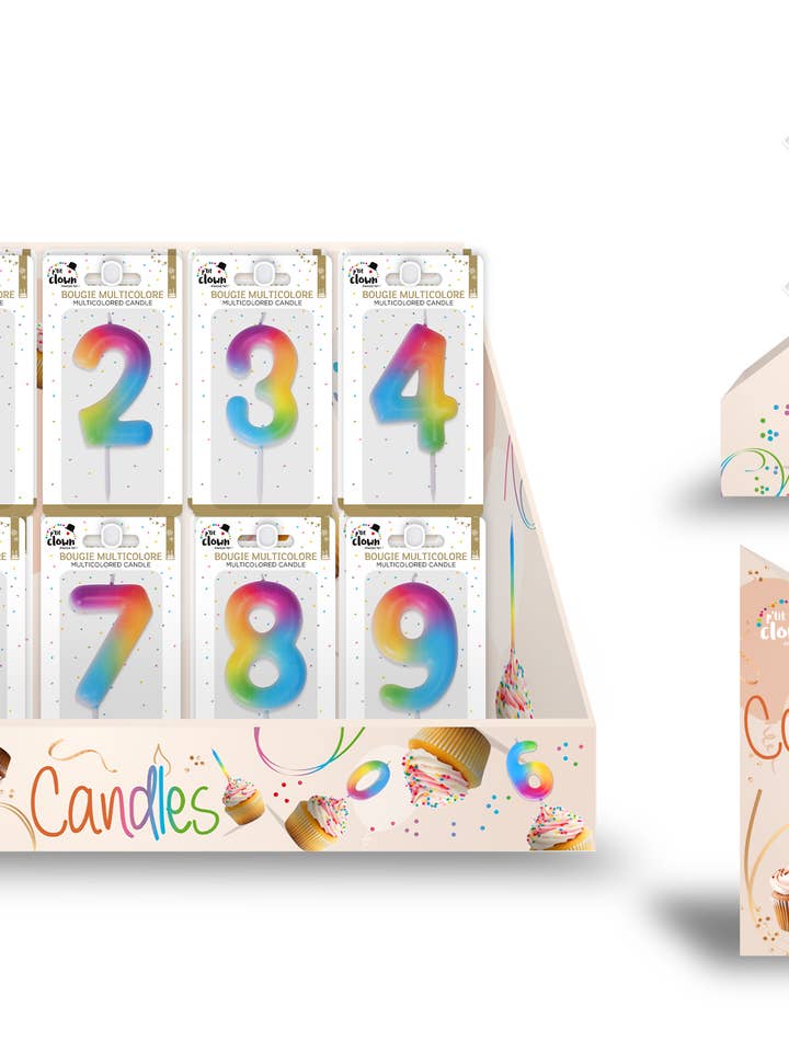 Espositore di candele multicolori per la vendita all'ingrosso da parte di P'tit Clown