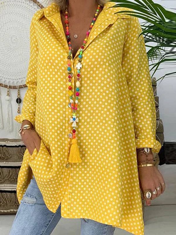 UZ Wholesale Store - Wholesale Tunic - Women's - Long Sleeves Loose Buttoned Polka-Dot Lapel Blouses&Shirts Tops