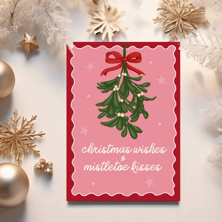 Biglietto di Natale con auguri di Natale e baci al vischio per la vendita all'ingrosso da parte di by Rosybum