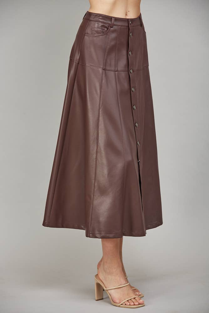 FATE - Wholesale Skirt - Women's - FAUX LEATHER BUTTON FRONT A-LINE MIDI SKIRT FS550297