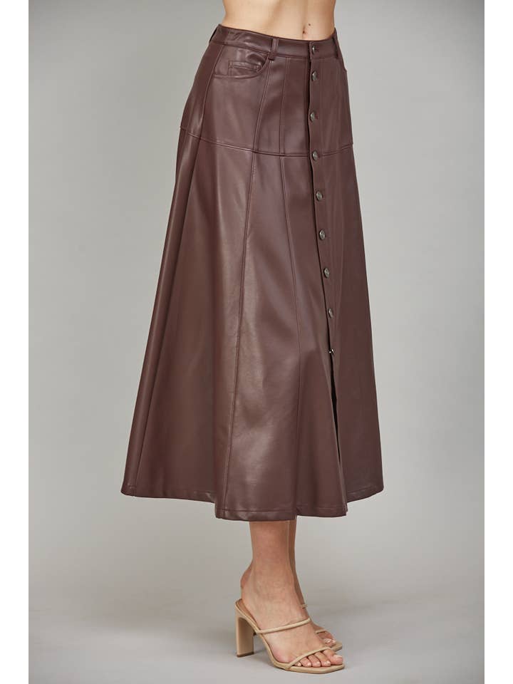 FATE - Wholesale Skirt - Women's - FAUX LEATHER BUTTON FRONT A-LINE MIDI SKIRT FS550297