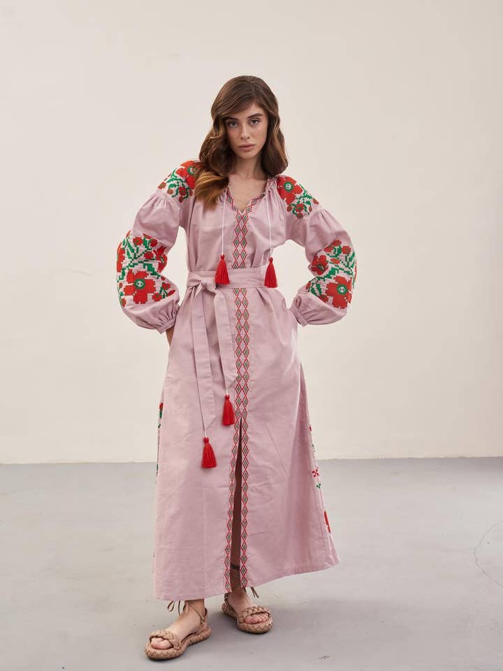 Handmade Originals Ukraine - Wholesale Dress – Women's - Embroidered Dress Paris Bouquet Pink2