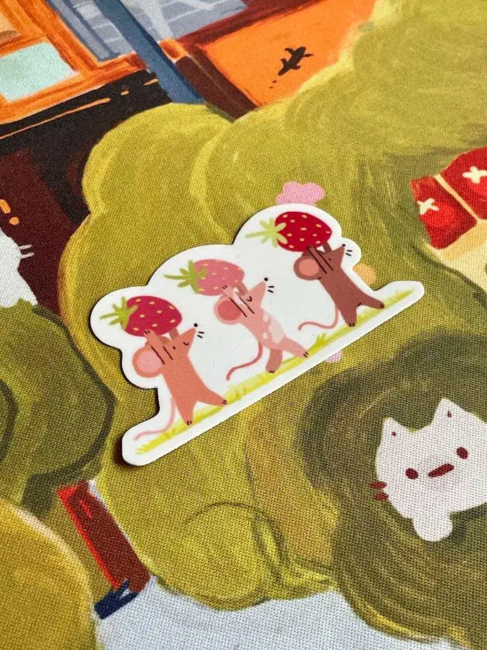 Paper Rat Illustrations - Wholesale Sticker - Strawberry Foragers Mice Matte Weatherproof Sticker1