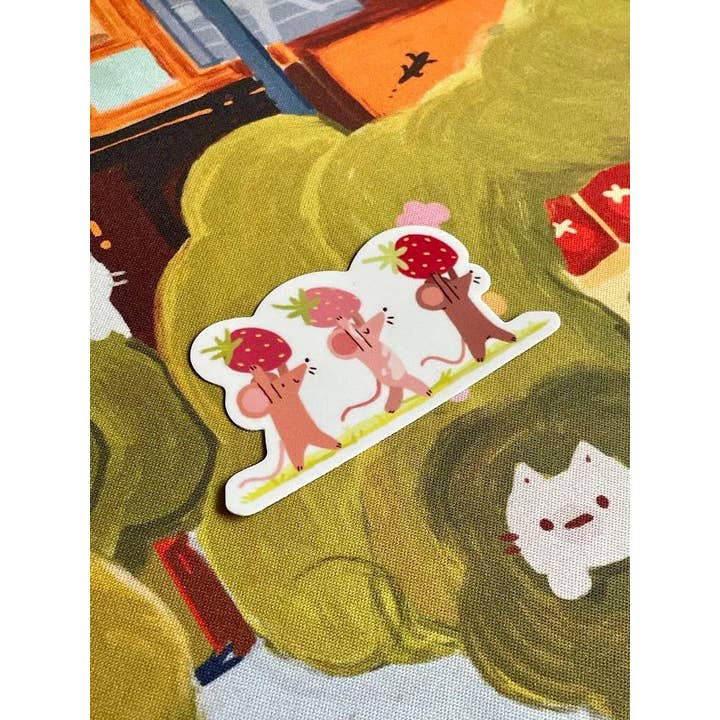 Paper Rat Illustrations - Wholesale Sticker - Strawberry Foragers Mice Matte Weatherproof Sticker1