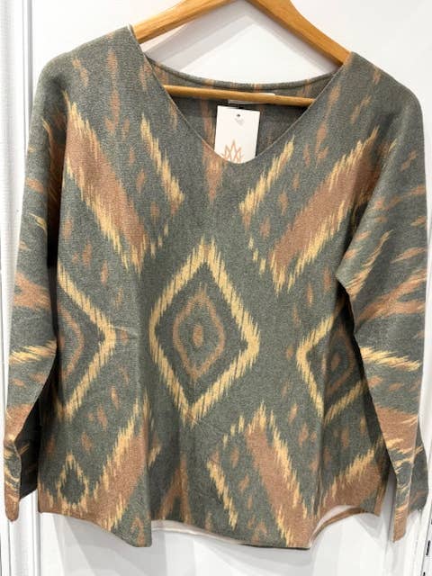 MOOYA - Wholesale Knit Sweater - Women's - Ethnic print V-neck sweater - I1605-0355
