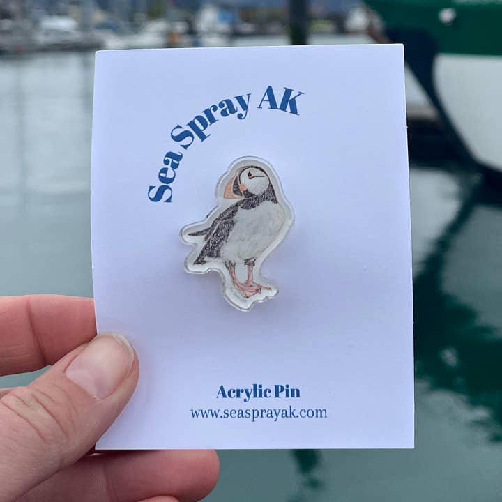 Sea Bird Atlantic Puffin Acrylic Pin, Birds of Alaska for wholesale by Sea Spray AK