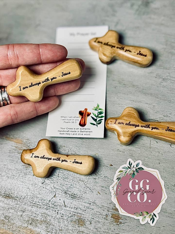 Engraved Olive Wood Comfort Prayer Cross for wholesale by Gospel Gear Co